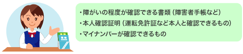 印鑑・障害の程度が確認できる書類（障害者手帳など）・本人確認証明（運転免許証など本人と確認できるもの）